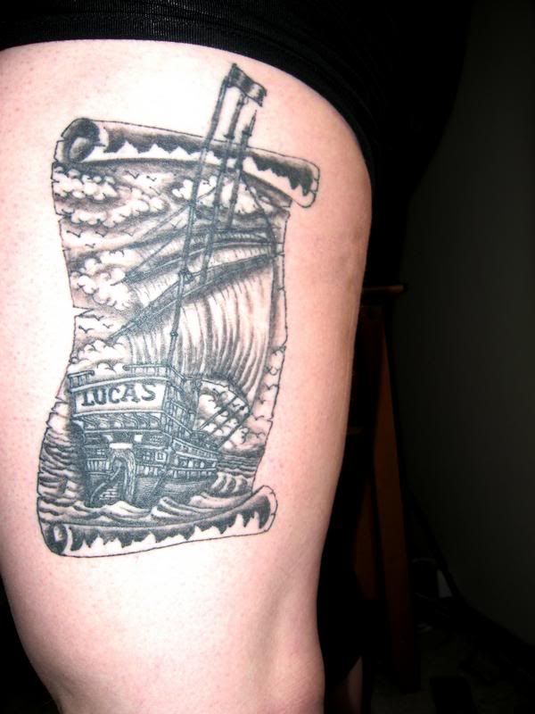 My pirate ship tattoo for my son: 8. Regina for my son, it's his initials
