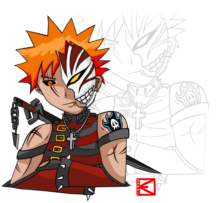  much Ichigo from Bleach in his Hollow half-mask all punked out, lol.