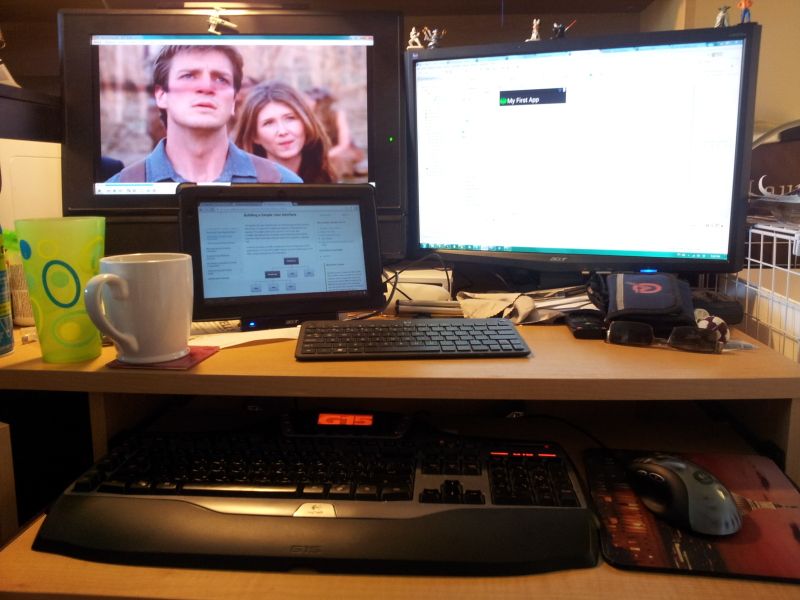 My Desk My current set up where I develop. The PC powering the monitors is an Acer with an i7, 8gb RAM and decent GFX Card. And 80gb HDD...
