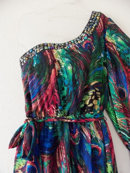 NWT BISOU PEACOCK COCKTAIL DRESS 14 Feathers BEADS One Shoulder L 