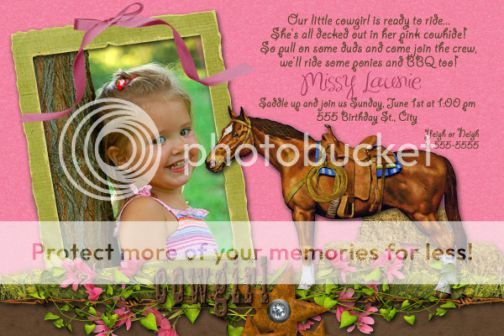 Cowgirl Horse Birthday Party Invitations WESTERN x 2  